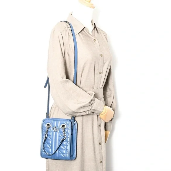 Gucci GG Aria Marmont Matelasse Quilted 2-Way Crossbody Shoulder Bag Blue 696123 - Picture 15 of 16